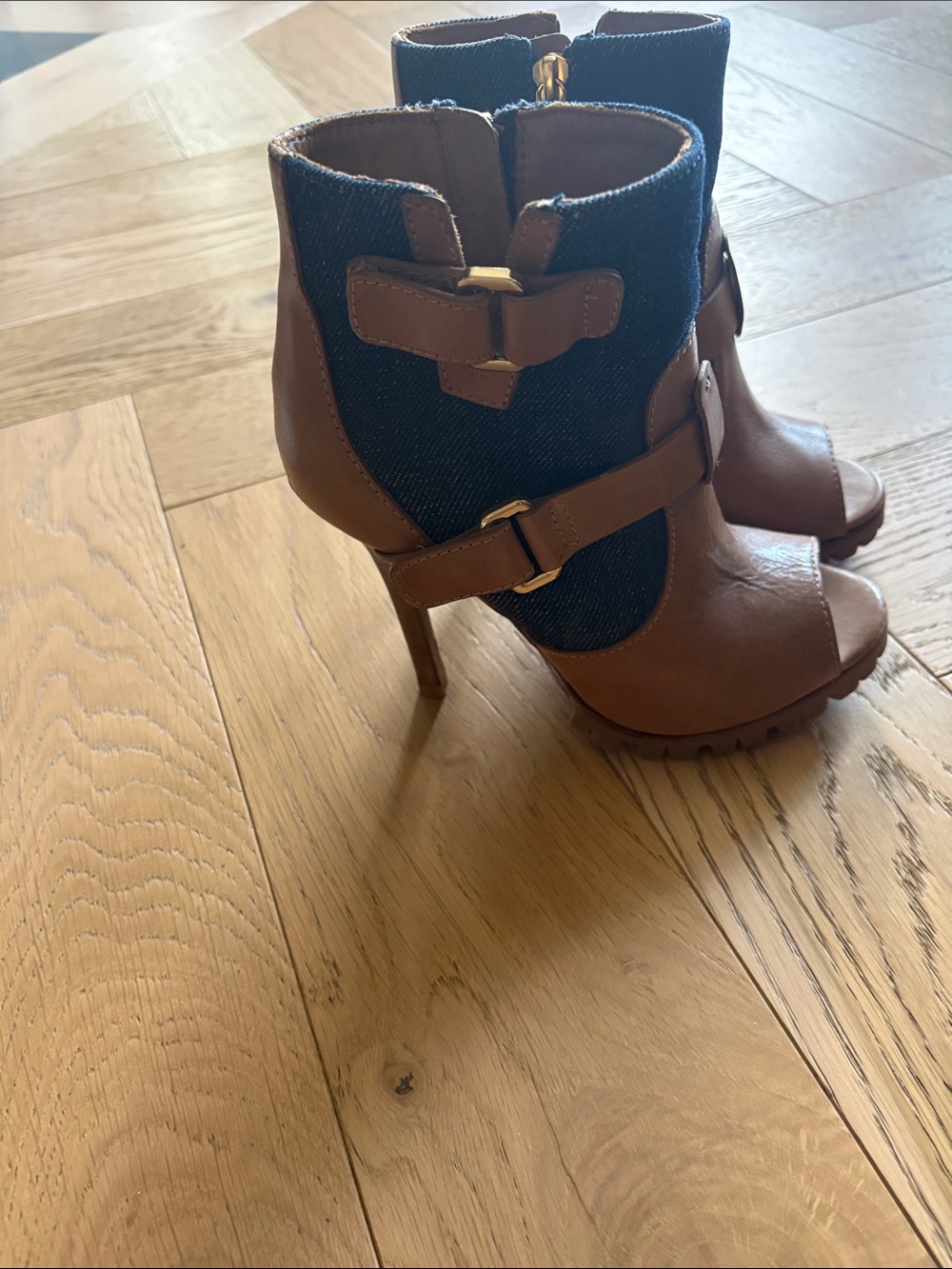 Tory Butch Brown Leather and Denim Peep-Toe Ankle Booties